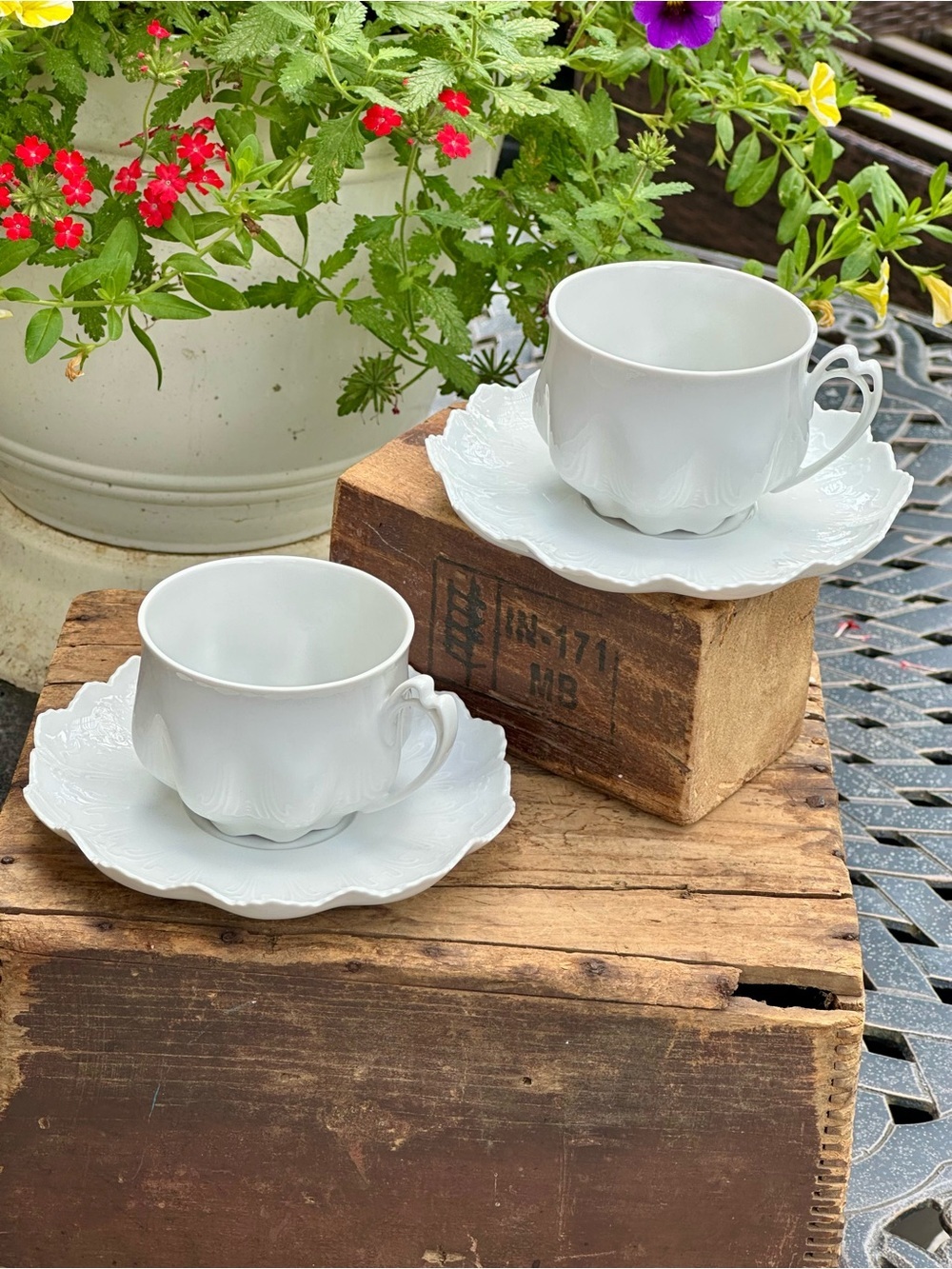 Pirkenhammer Czech White Embossed Porcelain Cup and Saucer Set of 2